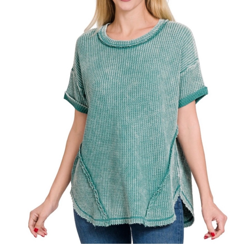 Zenana NEW Waffle Knit wash ribbed teal S/M